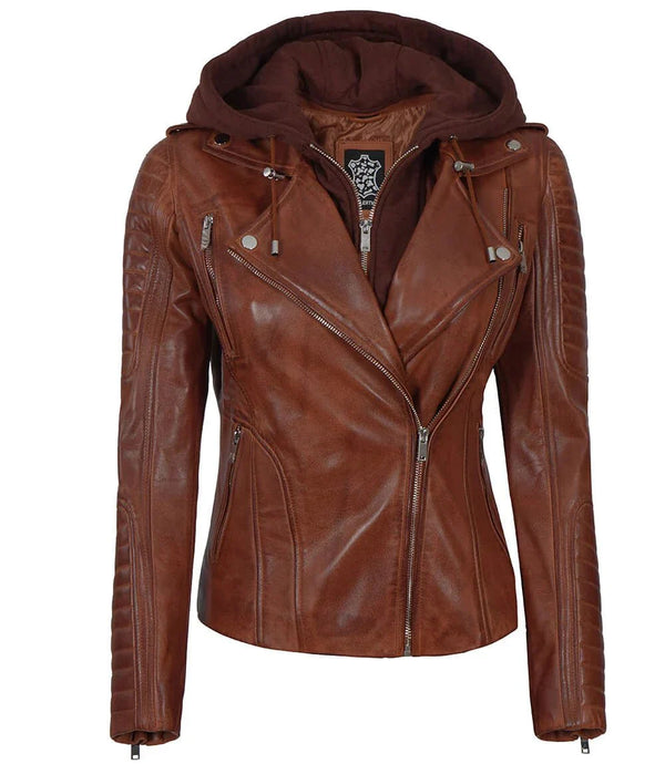 Bagheria Womens Cognac Biker Leather Jacket With Removable Hood