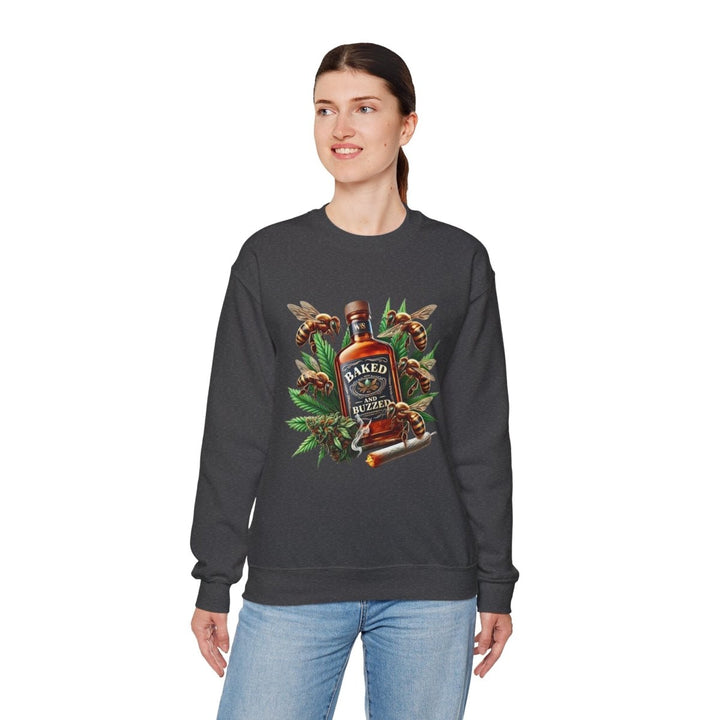 Baked And Buzzed Whiskey And Bees Unisex Sweatshirt - S - Dark Heather - Baked And Buzzed Whiskey And Bees Unisex Sweatshirt - Tatoo Tee