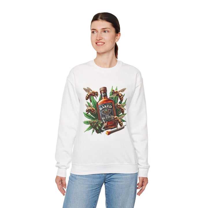 Baked And Buzzed Whiskey And Bees Unisex Sweatshirt - S - White - Baked And Buzzed Whiskey And Bees Unisex Sweatshirt - Tatoo Tee
