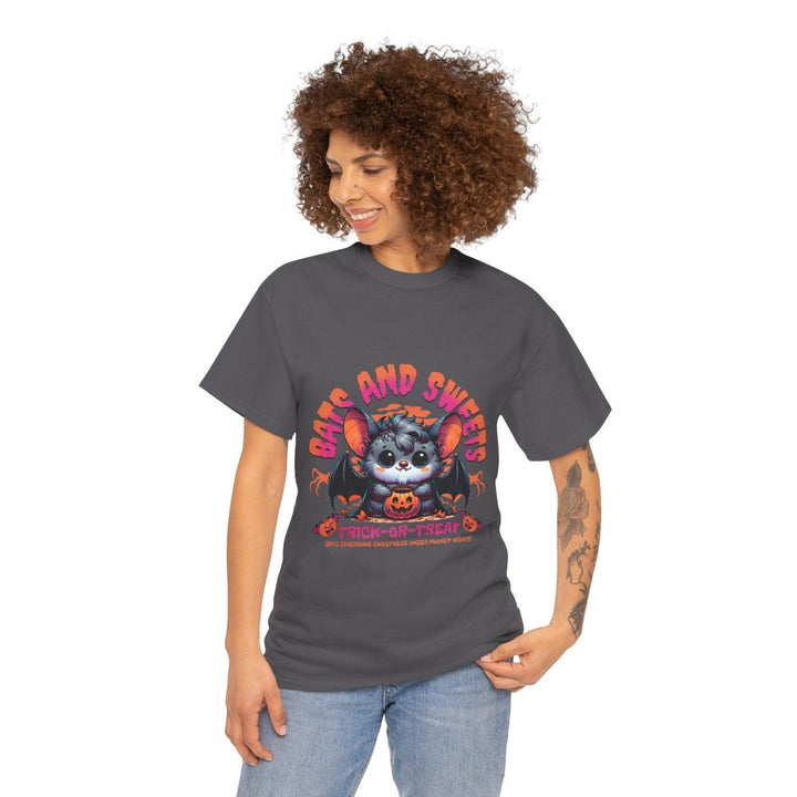 Bats and Sweets Halloween Tee | Unisex Heavy Cotton Shirt for Spooky Season - Charcoal - S - Bats and Sweets Halloween Tee | Unisex Heavy Cotton Shirt for Spooky Season - Tatoo Tee