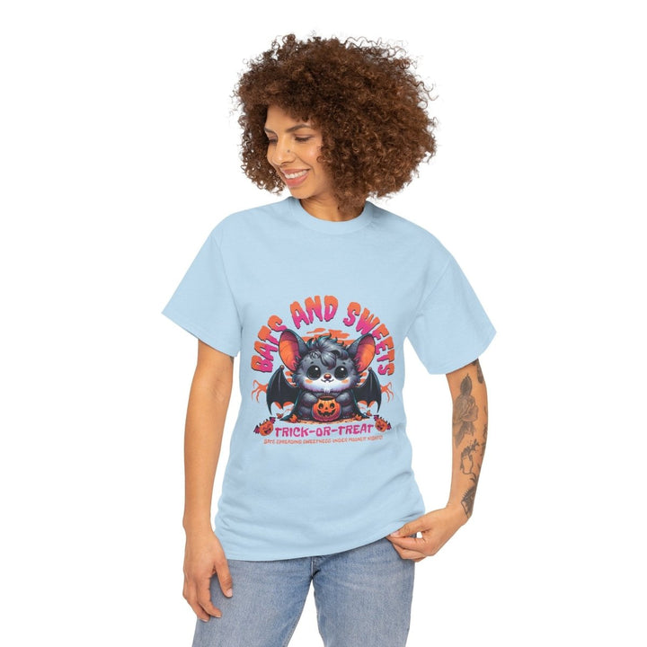 Bats and Sweets Halloween Tee | Unisex Heavy Cotton Shirt for Spooky Season - Light Blue - S - Bats and Sweets Halloween Tee | Unisex Heavy Cotton Shirt for Spooky Season - Tatoo Tee