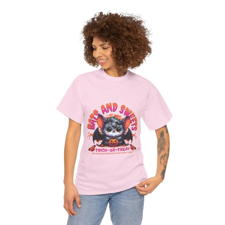 Bats and Sweets Halloween Tee | Unisex Heavy Cotton Shirt for Spooky Season - Light Pink - S - Bats and Sweets Halloween Tee | Unisex Heavy Cotton Shirt for Spooky Season - Tatoo Tee