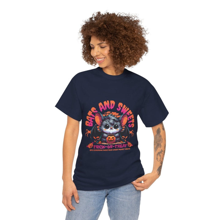 Bats and Sweets Halloween Tee | Unisex Heavy Cotton Shirt for Spooky Season - Navy - S - Bats and Sweets Halloween Tee | Unisex Heavy Cotton Shirt for Spooky Season - Tatoo Tee