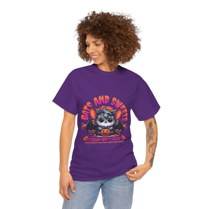 Bats and Sweets Halloween Tee | Unisex Heavy Cotton Shirt for Spooky Season - Purple - S - Bats and Sweets Halloween Tee | Unisex Heavy Cotton Shirt for Spooky Season - Tatoo Tee