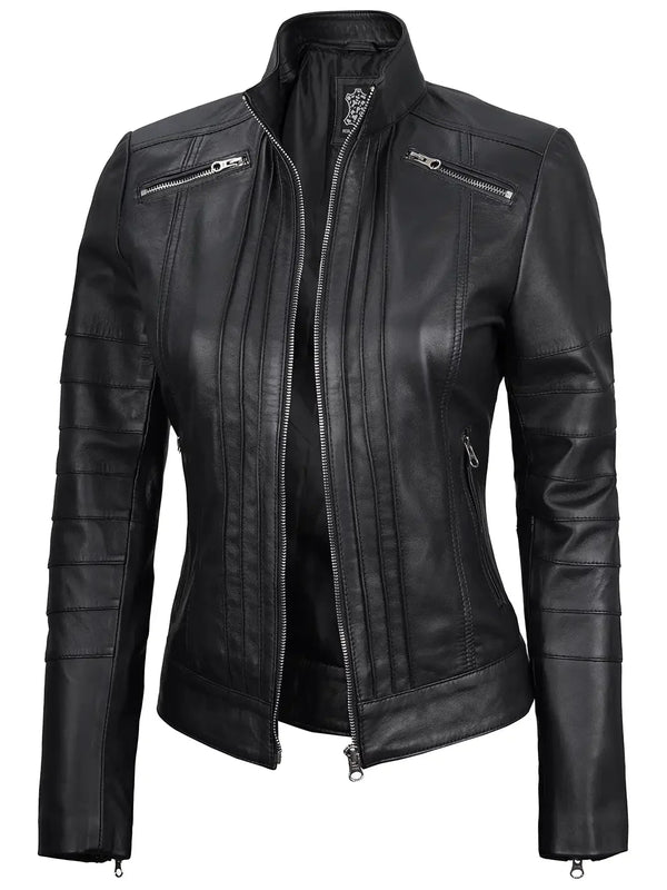 Bergamo Womens Black Real Leather Cafe Racer Jacket