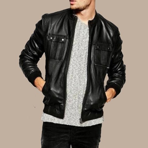 Best Real Black Leather Bomber Jacket Mens - S - Best Real Black Leather Bomber Jacket Mens - Tatoo Tee