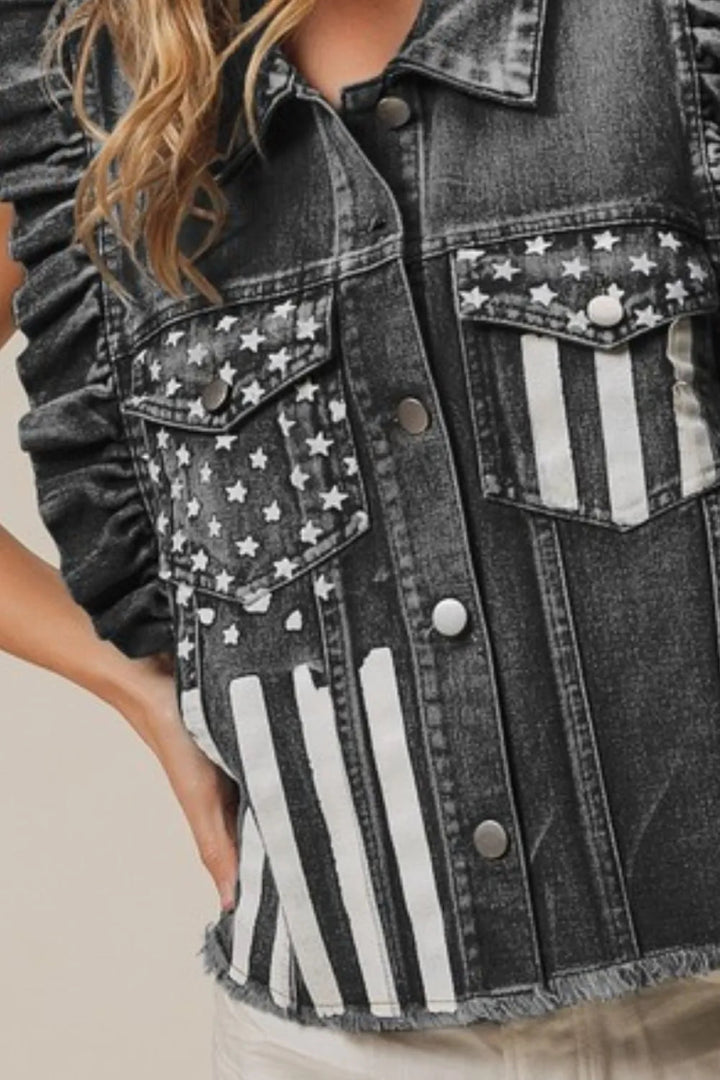 BiBi American Flag Washed Denim Jacket - BLACK CHARCOAL - S - e1493d2e - dfd0 - 43ee - be10 - 08e2e9b4e014 - Max - Origin - Tatoo Tee