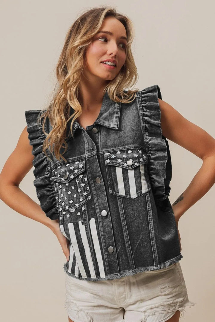 BiBi American Flag Washed Denim Jacket - BLACK CHARCOAL - S - e7efa875 - 51f5 - 455b - 9e75 - b211ecfac1b2 - Max - Origin - Tatoo Tee