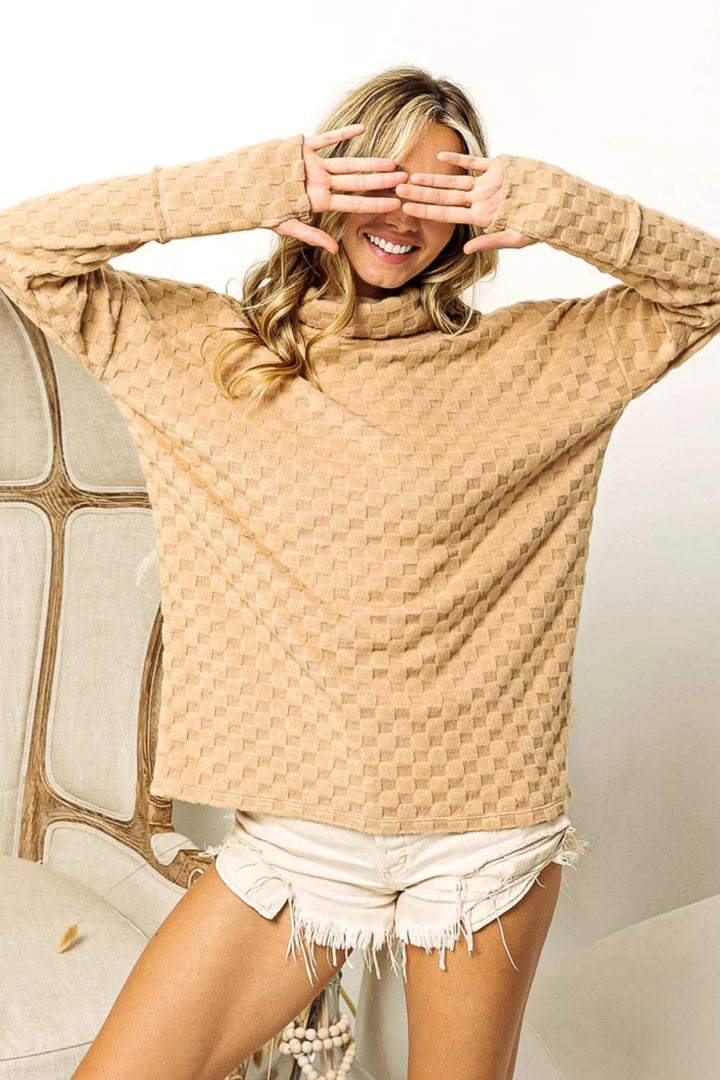 BiBi Checkered Round Neck Thumbhole Long Sleeve Top - TAUPE - S - cb523409 - 214a - 4981 - b6ca - 5dabf6a0e4c5 - Max - Tatoo Tee