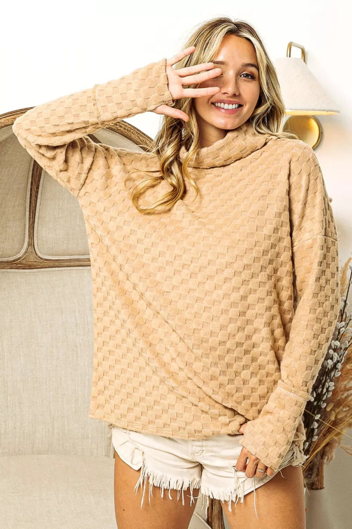 BiBi Checkered Round Neck Thumbhole Long Sleeve Top - TAUPE - S - f3cb1c59 - c4e7 - 438c - b2fa - 78901d54e6f3 - Max - Tatoo Tee