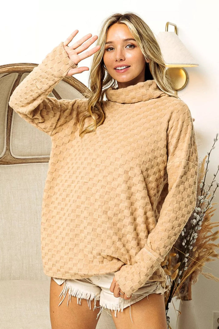 BiBi Checkered Round Neck Thumbhole Long Sleeve Top - TAUPE - S - 42c44a48 - 41f9 - 4926 - b957 - 11966899427b - Max - Tatoo Tee