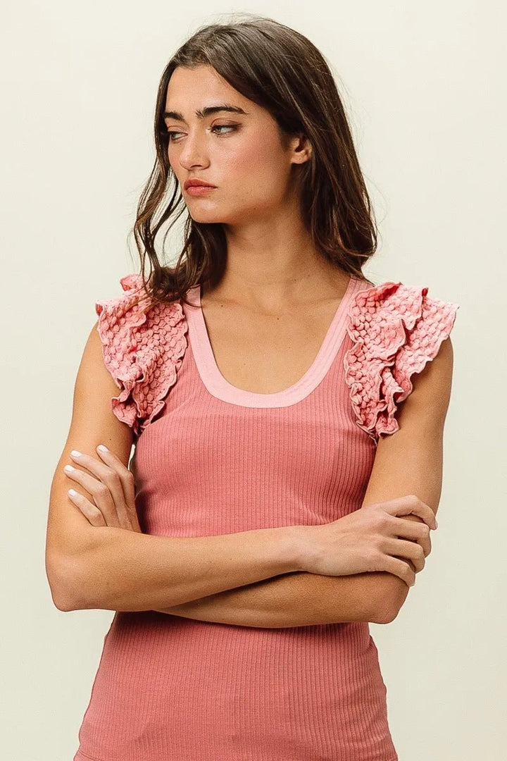 BiBi Rib Knit With Textured Ruffled Top - DUSTY ROSE - S - f256ec891d9e4bc488f1c26aeeac1906 - Max - Origin - Tatoo Tee