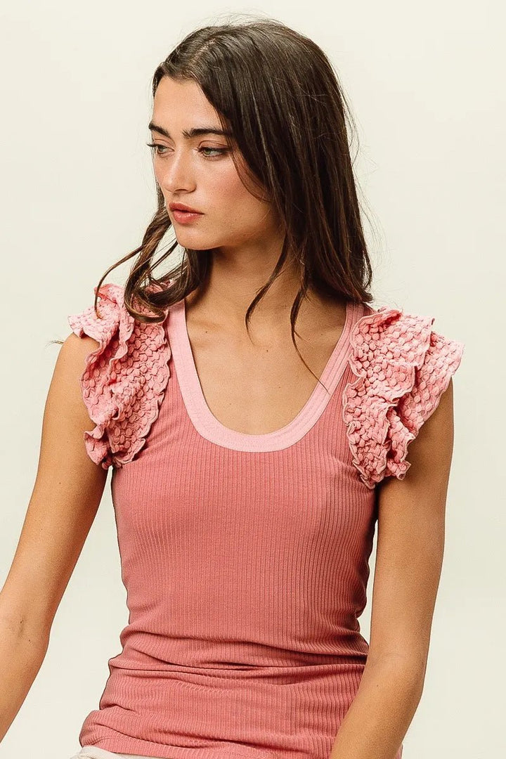 BiBi Rib Knit With Textured Ruffled Top - DUSTY ROSE - S - 423744cee09c47f4aa82f3bf2c318a1b - Max - Origin - Tatoo Tee