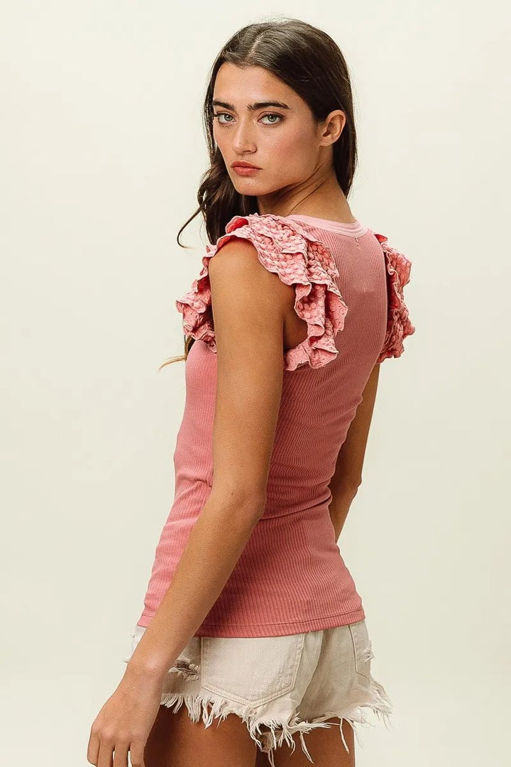 BiBi Rib Knit With Textured Ruffled Top - DUSTY ROSE - S - a32a010edd384ff69f33a32cdbbd4434 - Max - Origin - Tatoo Tee