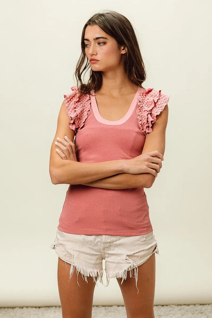 BiBi Rib Knit With Textured Ruffled Top - DUSTY ROSE - S - 3246fe84b46e47dfbf85bee9a5b83d4e - Max - Origin - Tatoo Tee