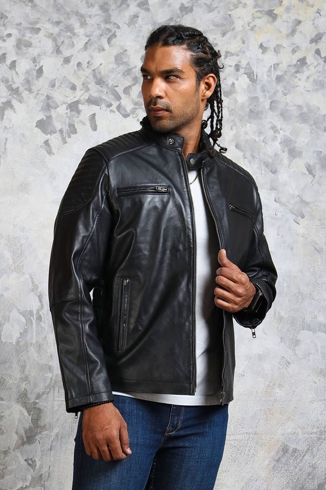 Biker Skull Men's Black Leather Jacket - X - Small - Black - Biker Skull Men's Black Leather Jacket - Tatoo Tee