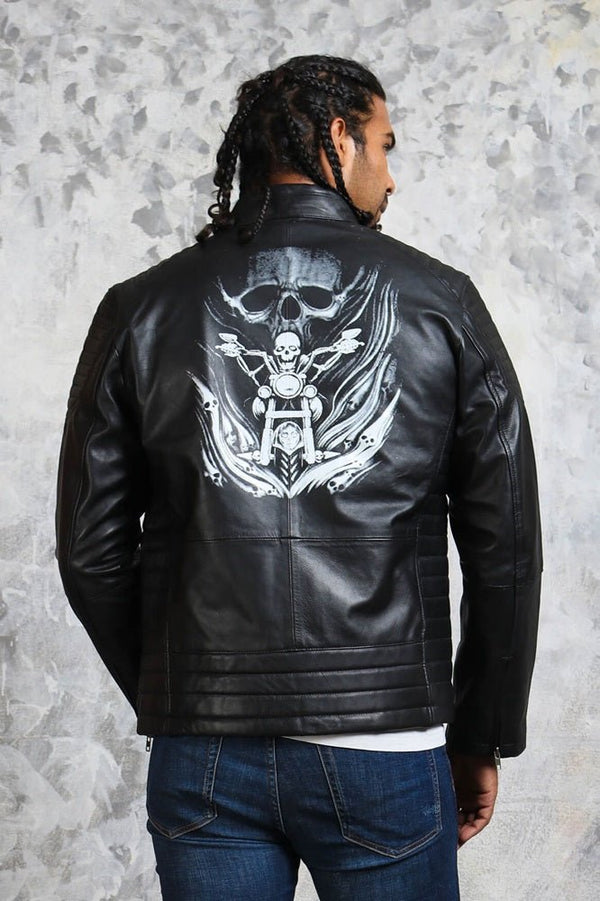 Biker Skull Men's Black Leather Jacket - X - Small - Black - Biker Skull Men's Black Leather Jacket - Tatoo Tee