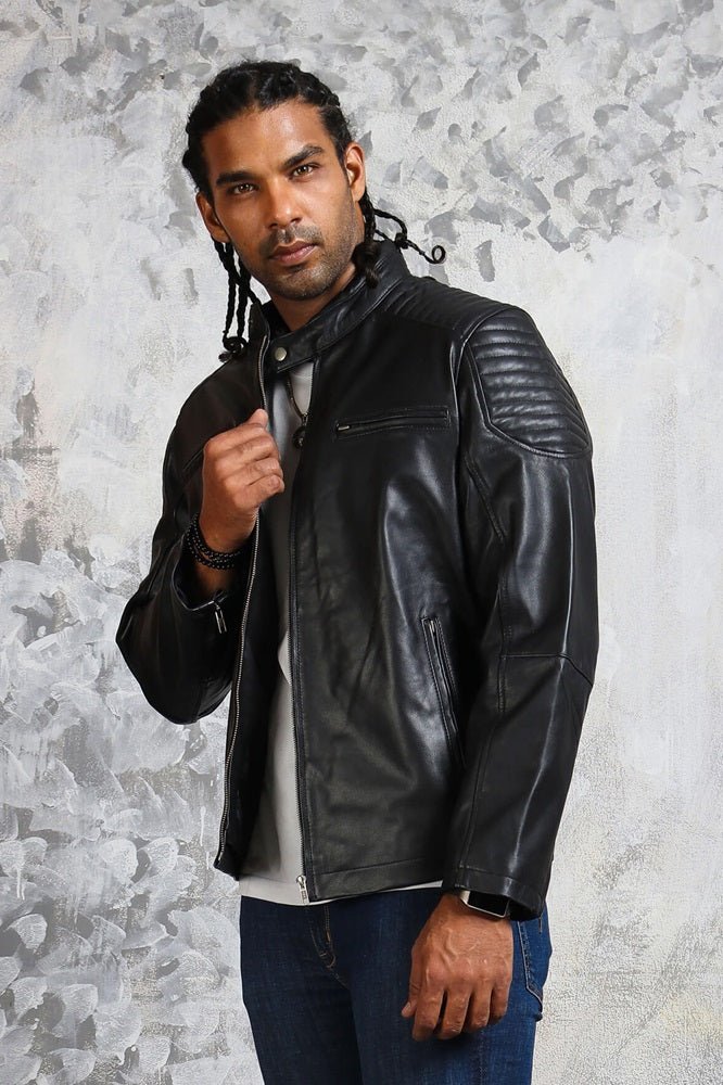 Biker Skull Men's Black Leather Jacket - X - Small - Black - Biker Skull Men's Black Leather Jacket - Tatoo Tee