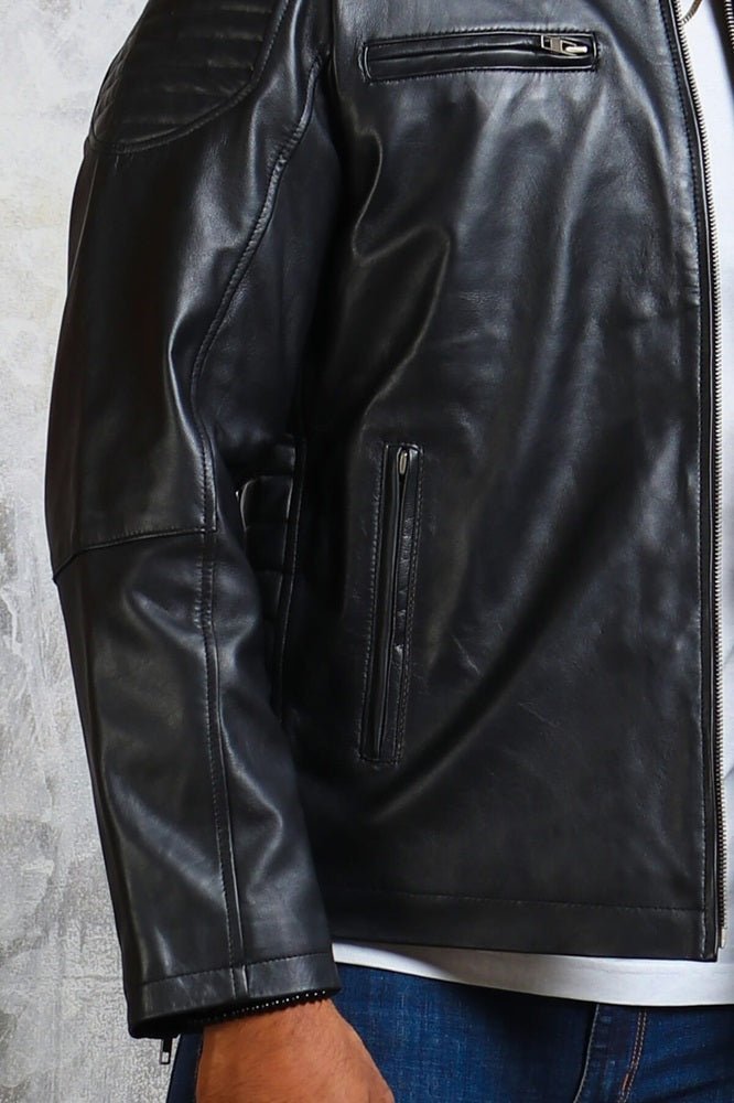 Biker Skull Men's Black Leather Jacket - X - Small - Black - Biker Skull Men's Black Leather Jacket - Tatoo Tee