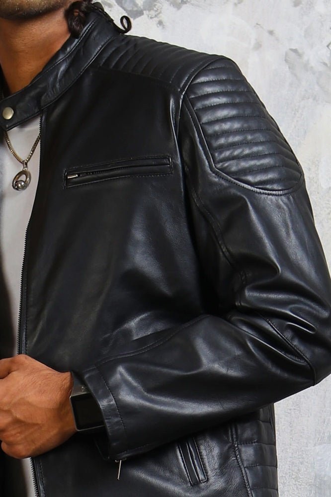 Biker Skull Men's Black Leather Jacket - X - Small - Black - Biker Skull Men's Black Leather Jacket - Tatoo Tee