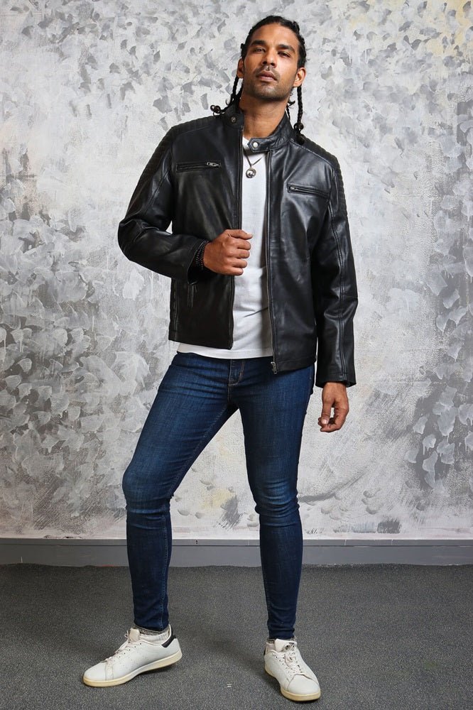 Biker Skull Men's Black Leather Jacket - X - Small - Black - Biker Skull Men's Black Leather Jacket - Tatoo Tee