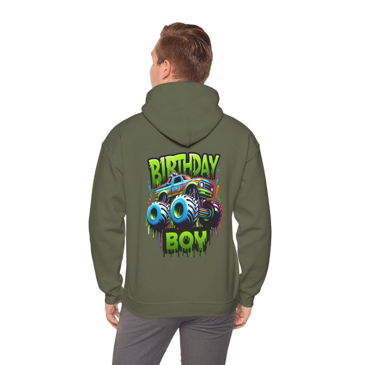 Birthday Boy Monster Truck Unisex Hoodie - Military Green - S - Birthday Boy Monster Truck Unisex Hoodie - Tatoo Tee