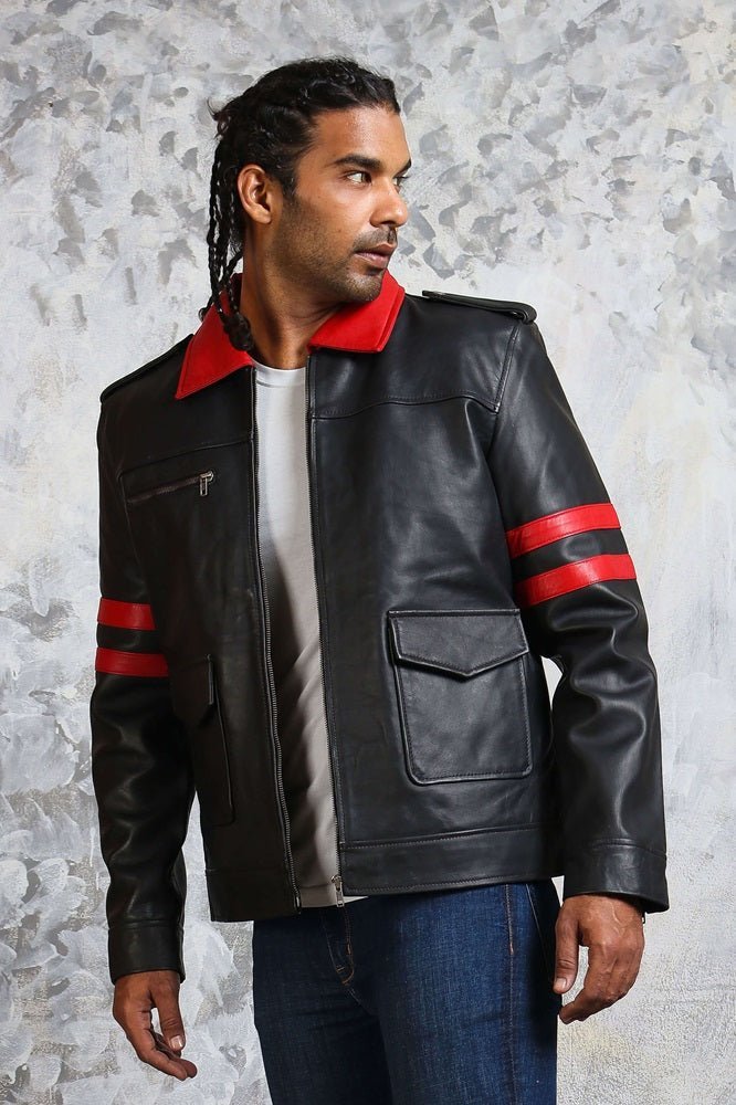 Black and Red Leather Jacket with Collar - X - Small - Black - Black and Red Leather Jacket with Collar - Tatoo Tee
