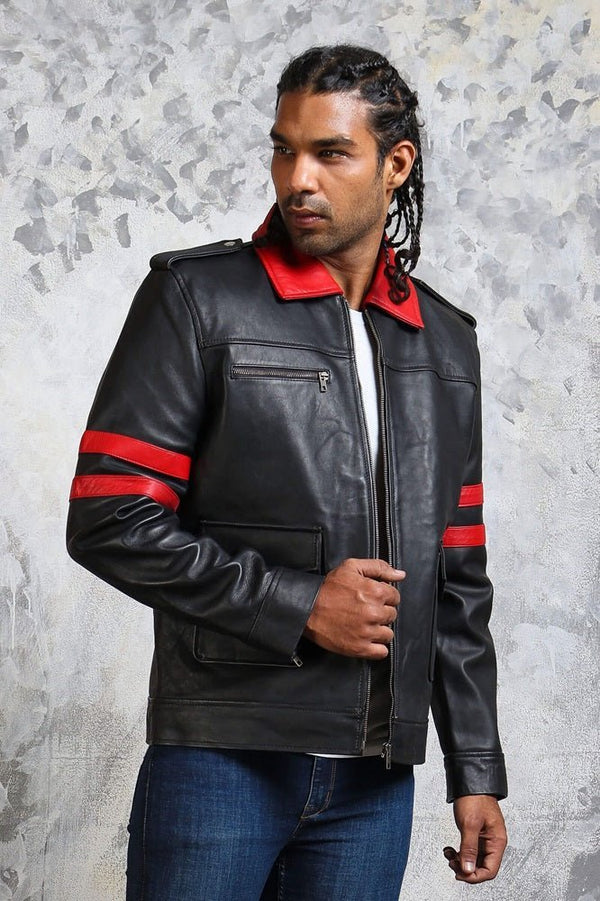 Black and Red Leather Jacket with Collar - X - Small - Black - Black and Red Leather Jacket with Collar - Tatoo Tee