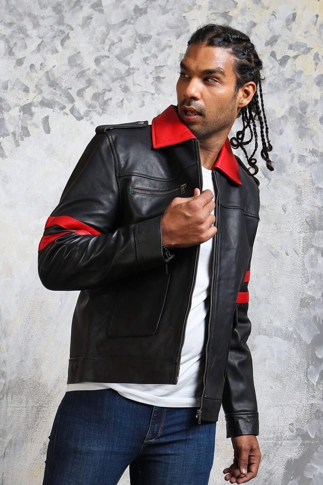 Black and Red Leather Jacket with Collar - X - Small - Black - Black and Red Leather Jacket with Collar - Tatoo Tee