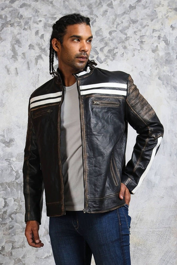 Black and White Striped Distressed Leather Jacket