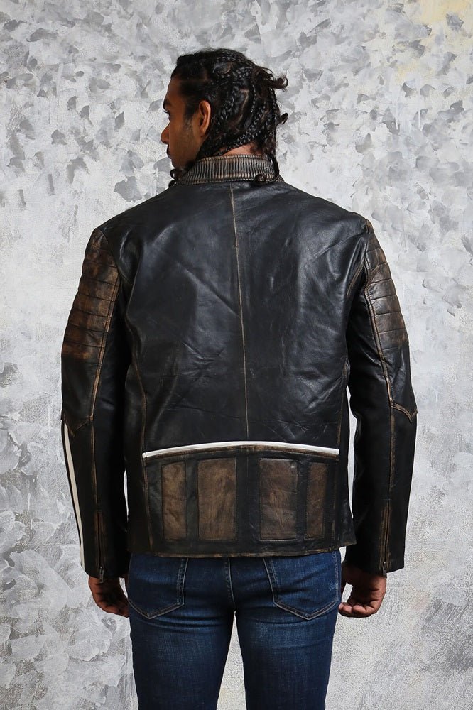 Black and White Striped Distressed Leather Jacket - X - Small - Black - Black and White Striped Distressed Leather Jacket - Tatoo Tee