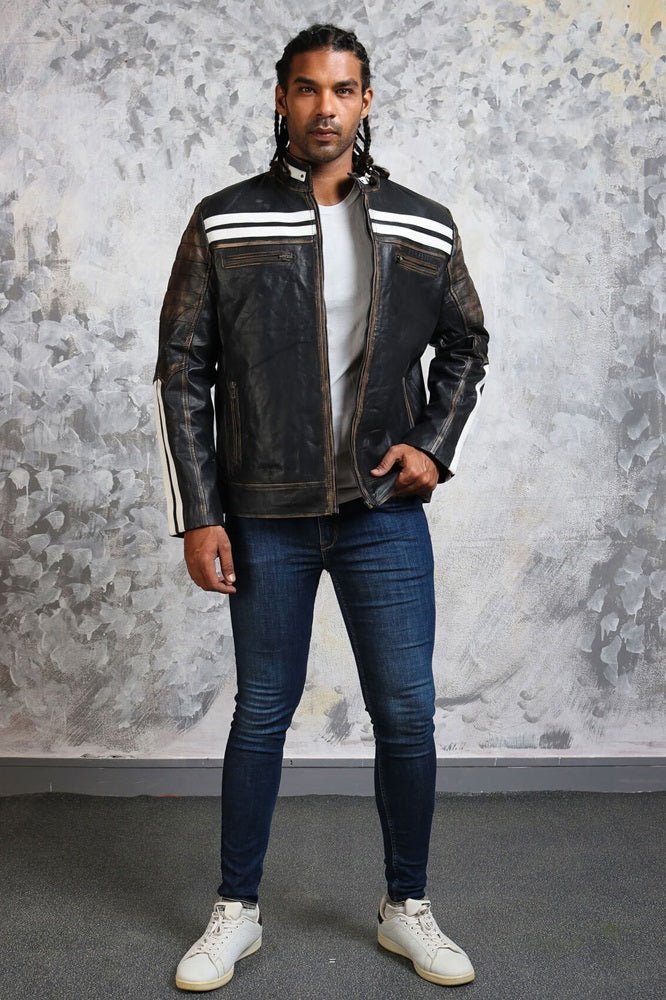 Black and White Striped Distressed Leather Jacket - X - Small - Black - Black and White Striped Distressed Leather Jacket - Tatoo Tee