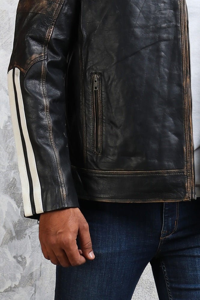 Black and White Striped Distressed Leather Jacket - X - Small - Black - Black and White Striped Distressed Leather Jacket - Tatoo Tee