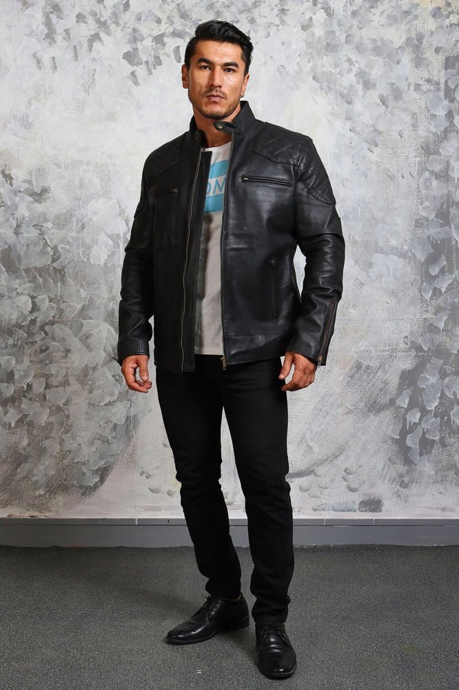 Black Biker Leather Jacket for Men - X - Small - Black - Black Biker Leather Jacket for Men - Tatoo Tee