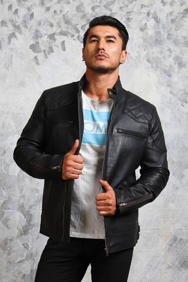 Black Biker Leather Jacket for Men - X - Small - Black - Black Biker Leather Jacket for Men - Tatoo Tee