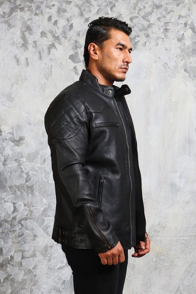 Black Biker Leather Jacket for Men - X - Small - Black - Black Biker Leather Jacket for Men - Tatoo Tee