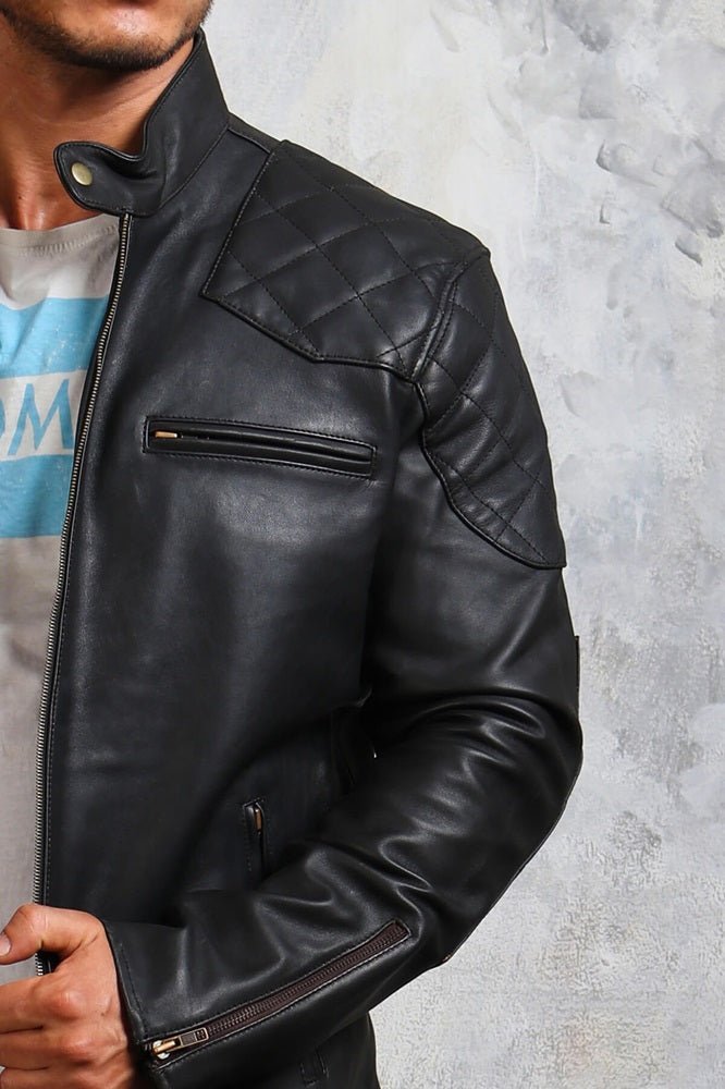 Black Biker Leather Jacket for Men - X - Small - Black - Black Biker Leather Jacket for Men - Tatoo Tee