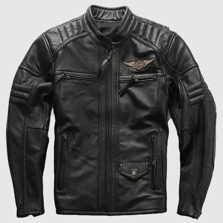 Black Harley Davidson Passion Velocity Leather Jacket - XS - Black leather jacket with a brand logo on a gray background - Tatoo Tee