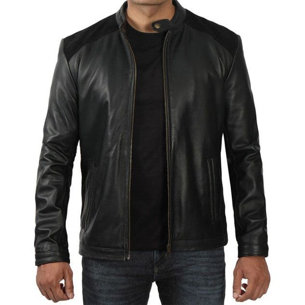 Black leather Cafe Racer Jacket Mens