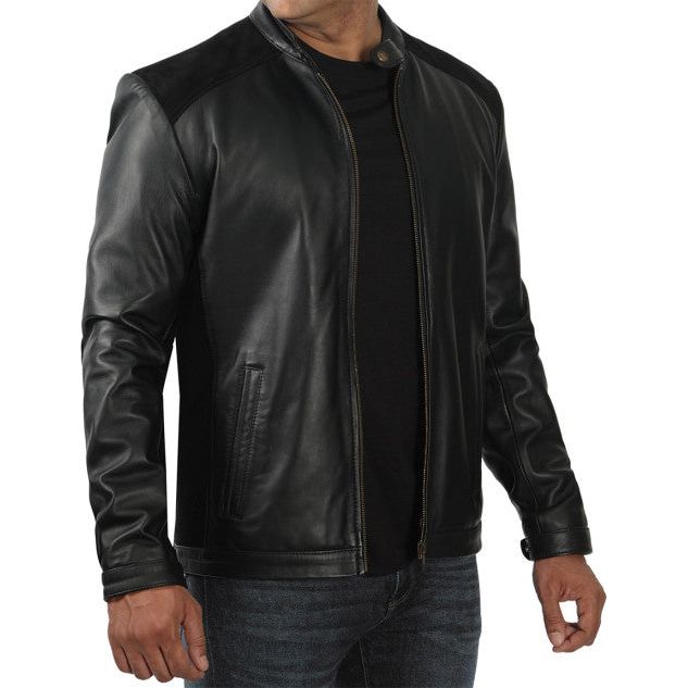 Black leather Cafe Racer Jacket Mens - XS - Black leather Cafe Racer Jacket Mens - Tatoo Tee