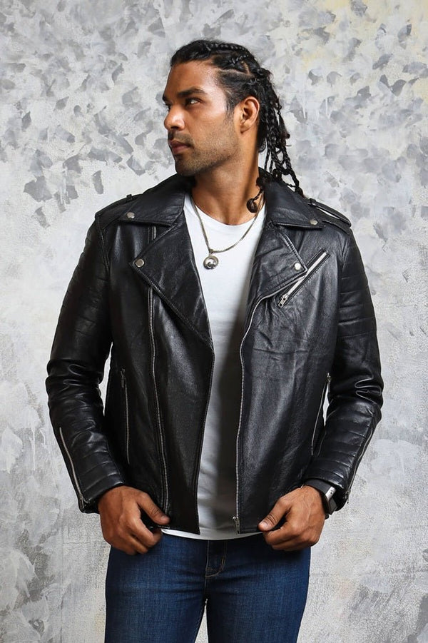 Black Motorcycle Leather Jacket for Men's - X - Small - Black - Black Motorcycle Leather Jacket for Men's - Tatoo Tee