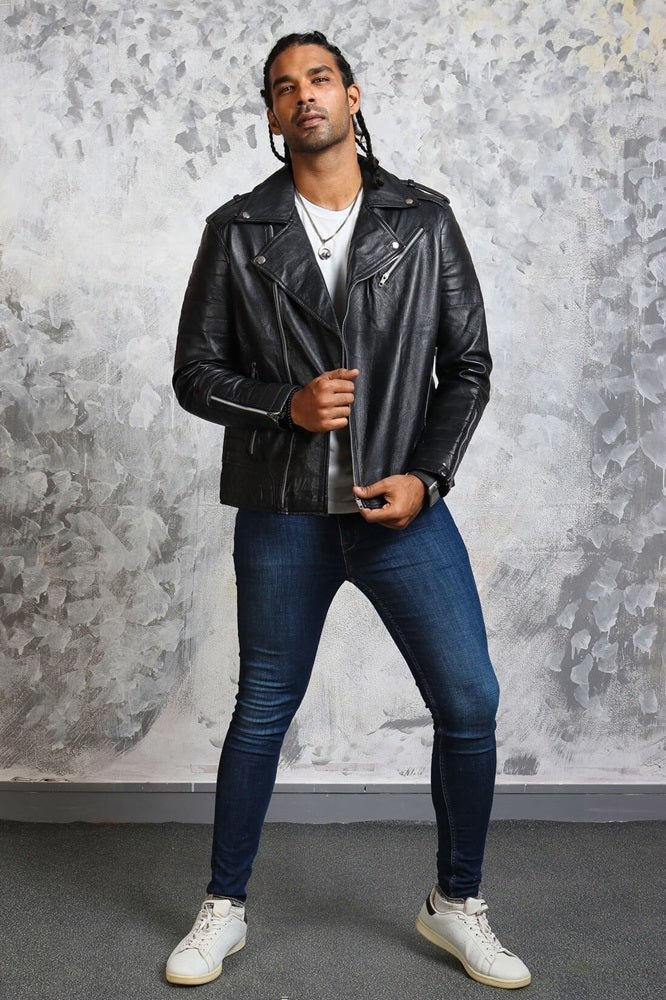 Black Motorcycle Leather Jacket for Men's - X - Small - Black - Black Motorcycle Leather Jacket for Men's - Tatoo Tee