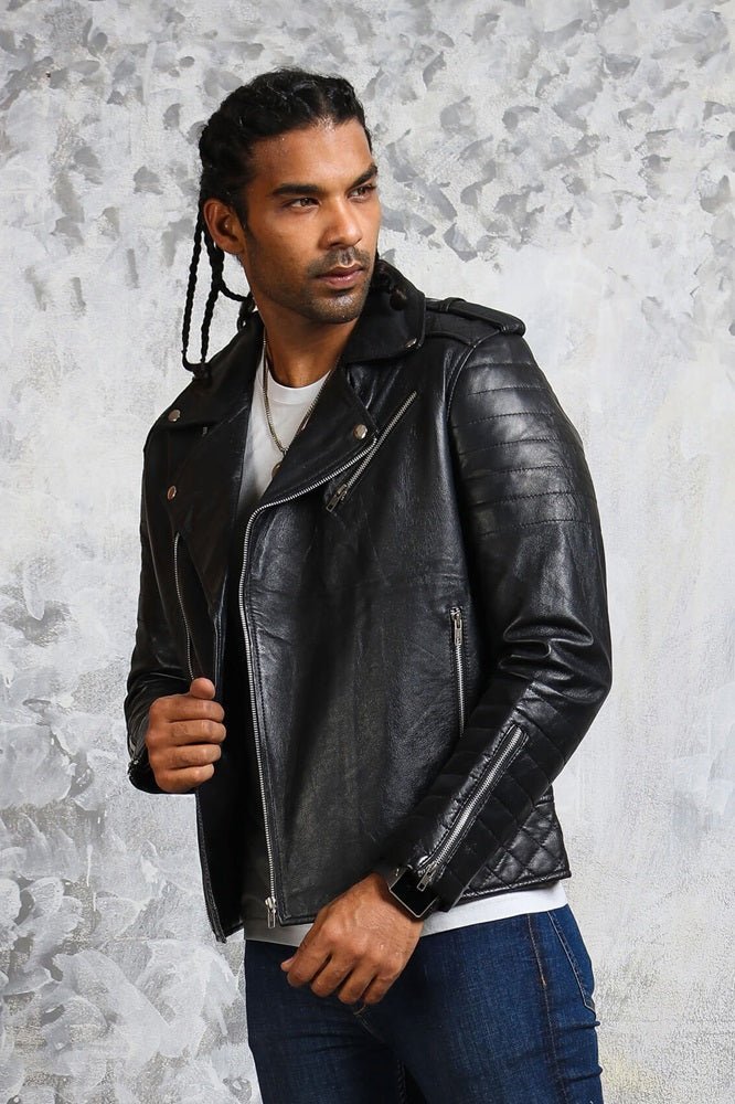 Black Motorcycle Leather Jacket for Men's - X - Small - Black - Black Motorcycle Leather Jacket for Men's - Tatoo Tee