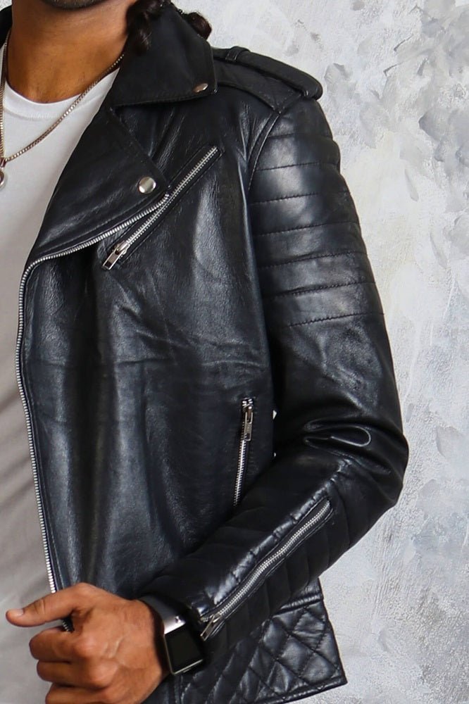 Black Motorcycle Leather Jacket for Men's - X - Small - Black - Black Motorcycle Leather Jacket for Men's - Tatoo Tee