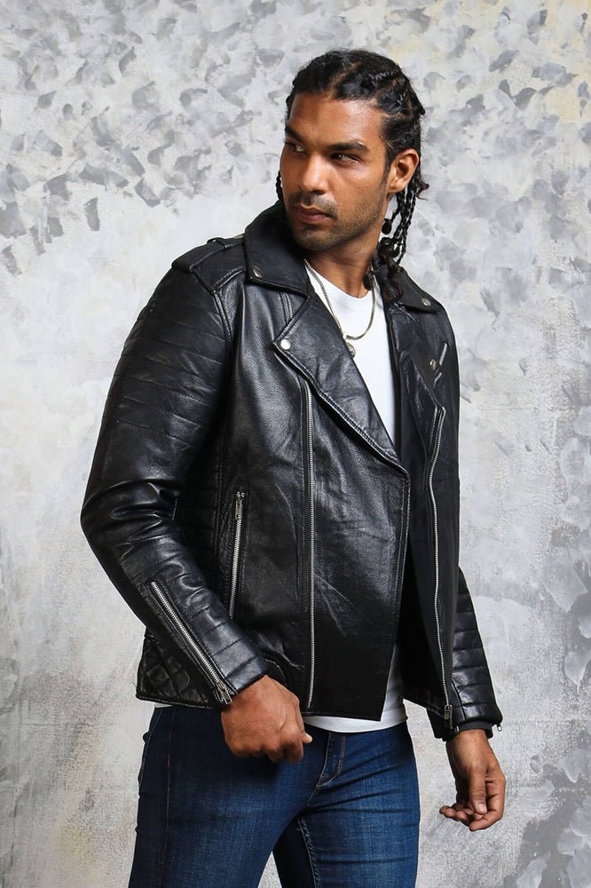 Black Motorcycle Leather Jacket for Men's - X - Small - Black - Black Motorcycle Leather Jacket for Men's - Tatoo Tee