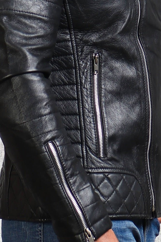 Black Motorcycle Leather Jacket for Men's - X - Small - Black - Black Motorcycle Leather Jacket for Men's - Tatoo Tee