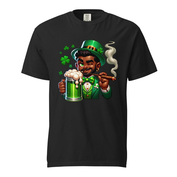 Black St. Patricks Day Stoner Unisex garment - dyed heavyweight t-shirt - Black - S - Product mockup - Tatoo Tee