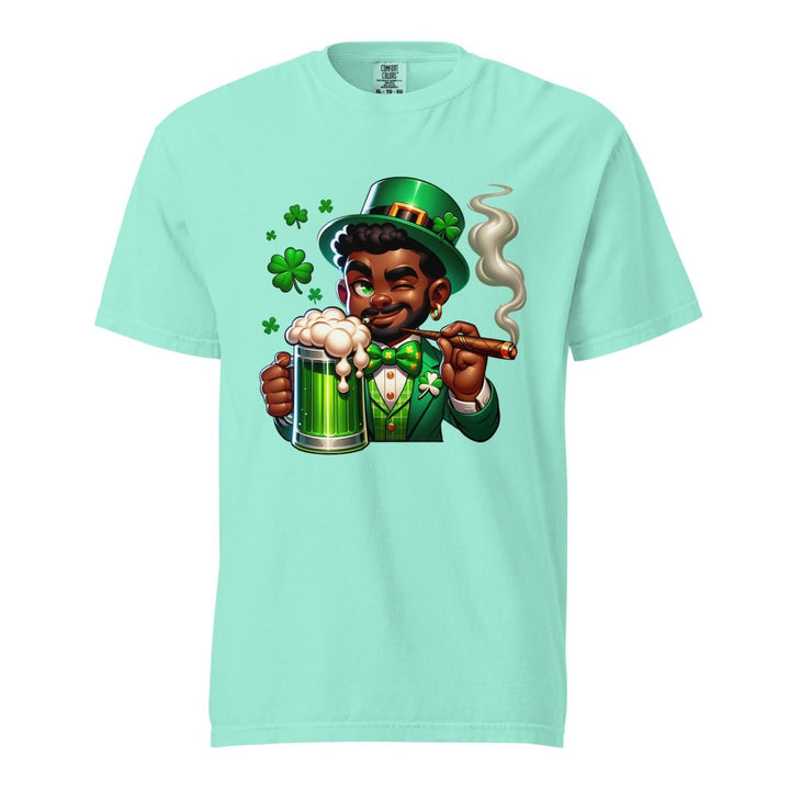 Black St. Patricks Day Stoner Unisex garment - dyed heavyweight t-shirt - Chalky Mint - S - Product mockup - Tatoo Tee