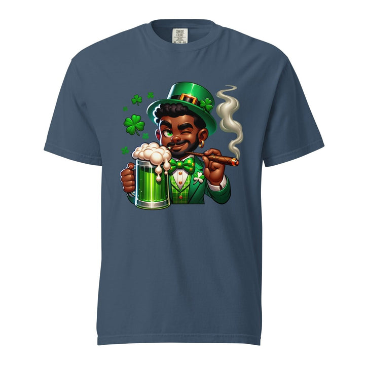 Black St. Patricks Day Stoner Unisex garment - dyed heavyweight t-shirt - Midnight - S - Product mockup - Tatoo Tee