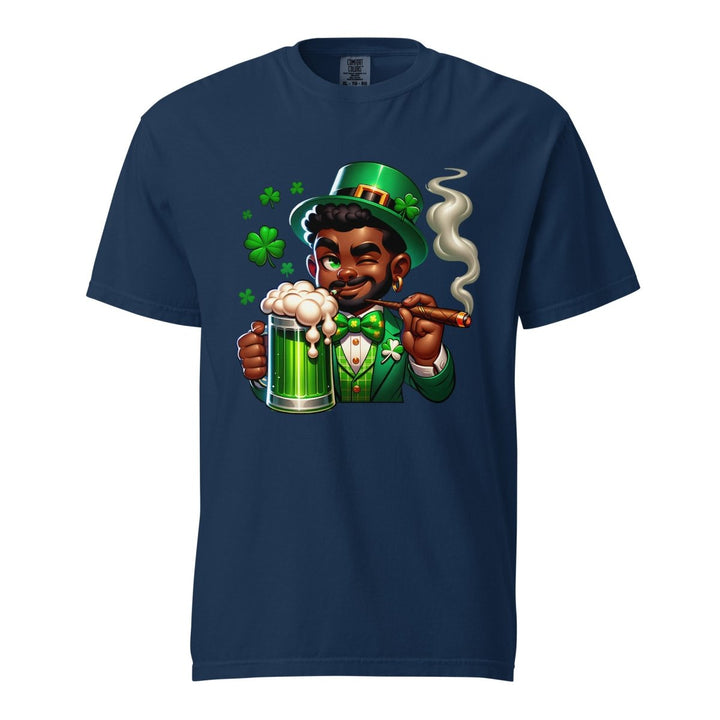 Black St. Patricks Day Stoner Unisex garment - dyed heavyweight t-shirt - Navy - S - Product mockup - Tatoo Tee